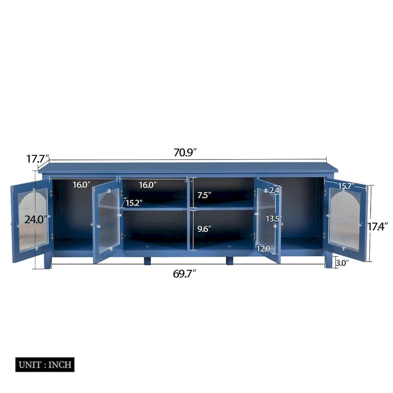 Meuble TV de rangement moderne de 180 cm en bois massif et portes vitrées