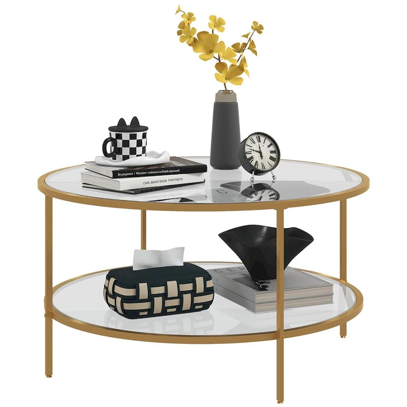 Table d'appoint avec rangement, table d'appoint ronde de 81 cm, table basse à 2 niveaux en verre trempé avec cadre en acier