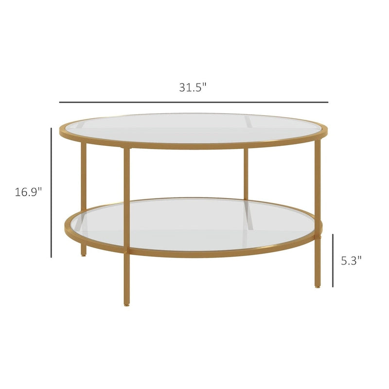 Table d'appoint avec rangement, table d'appoint ronde de 81 cm, table basse à 2 niveaux en verre trempé avec cadre en acier