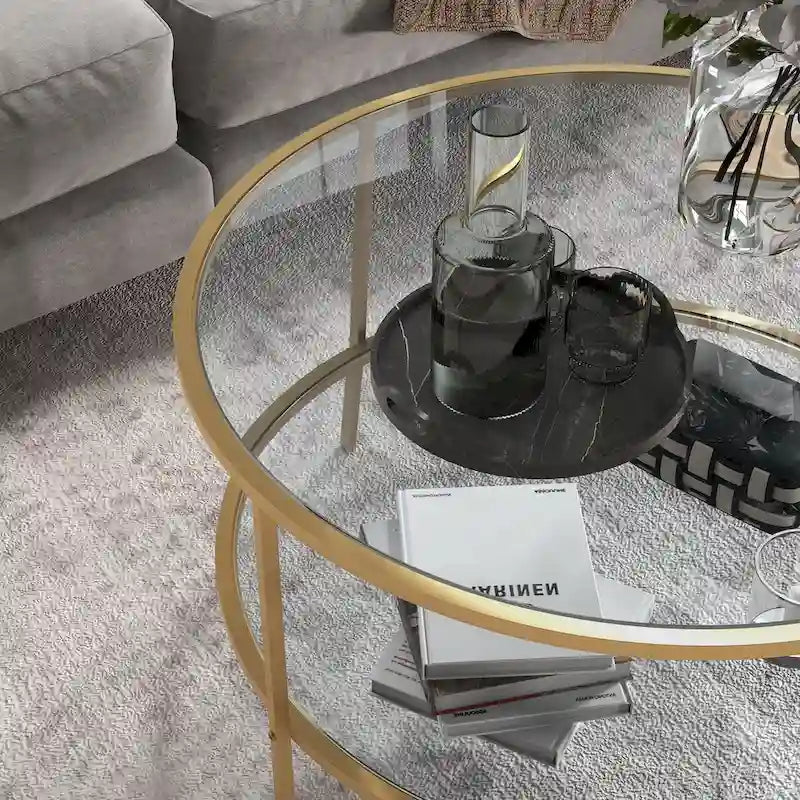 Table d'appoint avec rangement, table d'appoint ronde de 81 cm, table basse à 2 niveaux en verre trempé avec cadre en acier
