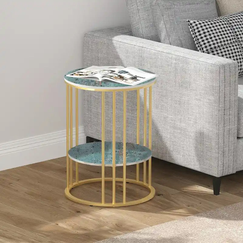 Table d'appoint ronde à 2 niveaux avec plateau en pierre frittée - 40x40x54 cm