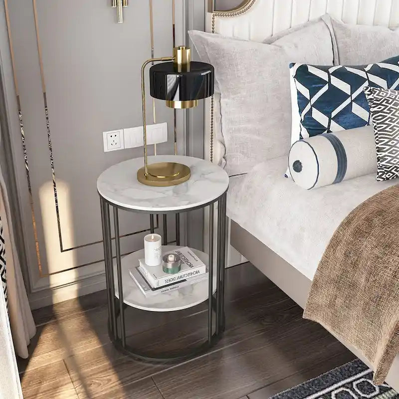 Table d'appoint ronde à 2 niveaux avec plateau en pierre frittée - 40x40x54 cm