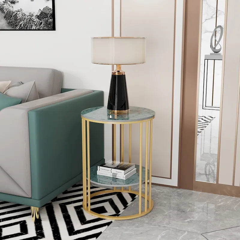 Table d'appoint ronde à 2 niveaux avec plateau en pierre frittée - 40x40x54 cm