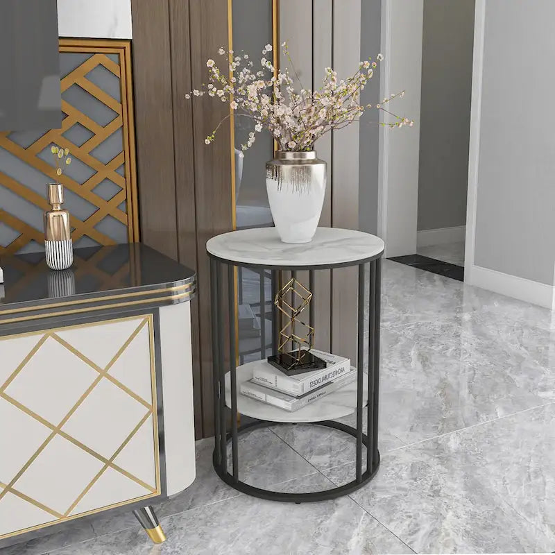 Table d'appoint ronde à 2 niveaux avec plateau en pierre frittée - 40x40x54 cm