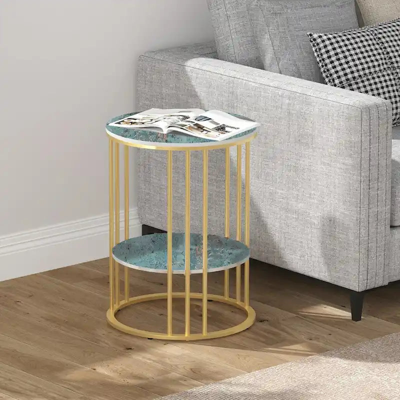 Table d'appoint ronde à 2 niveaux avec plateau en pierre frittée - 40x40x54 cm