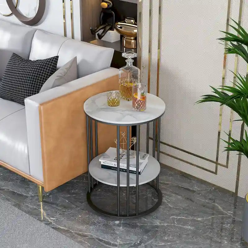 Table d'appoint ronde à 2 niveaux avec plateau en pierre frittée - 40x40x54 cm
