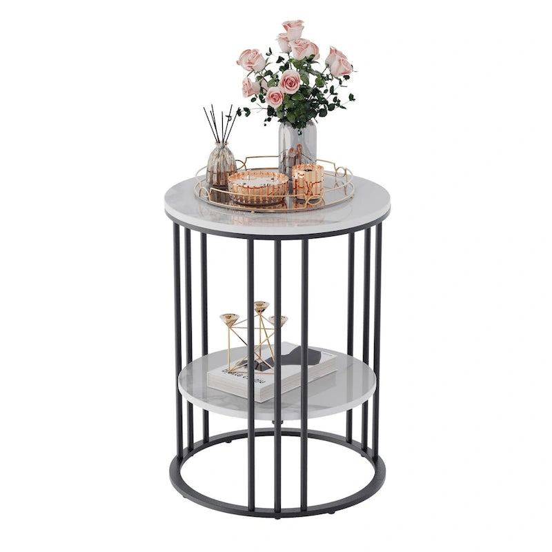 Table d'appoint ronde à 2 niveaux avec plateau en pierre frittée - 40x40x54 cm