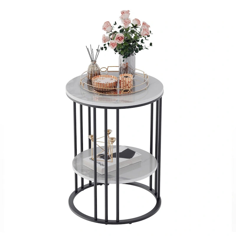 Table d'appoint ronde à 2 niveaux avec plateau en pierre frittée - 40x40x54 cm