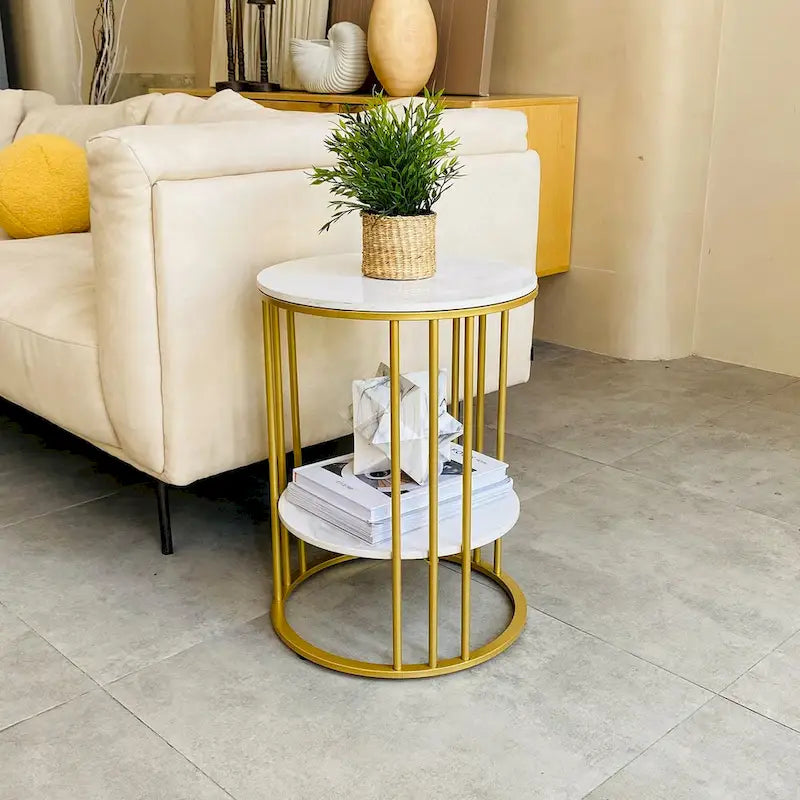 Table d'appoint ronde à 2 niveaux avec plateau en pierre frittée - 40x40x54 cm