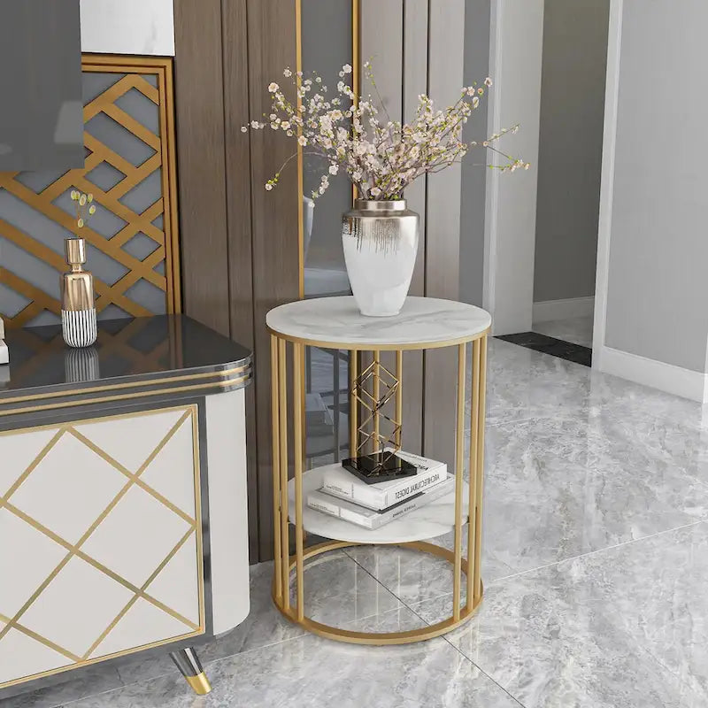 Table d'appoint ronde à 2 niveaux avec plateau en pierre frittée - 40x40x54 cm