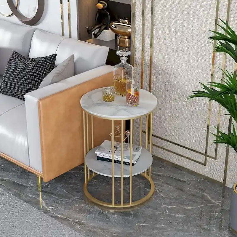 Table d'appoint ronde à 2 niveaux avec plateau en pierre frittée - 40x40x54 cm