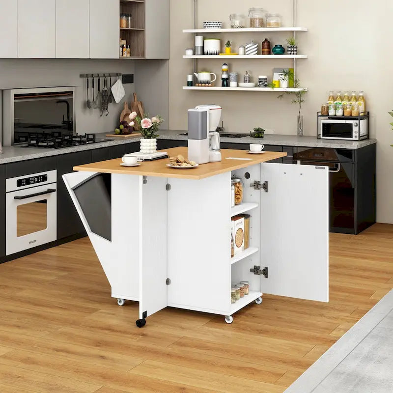 Ilot de cuisine pliable avec armoire de rangement pour poubelle