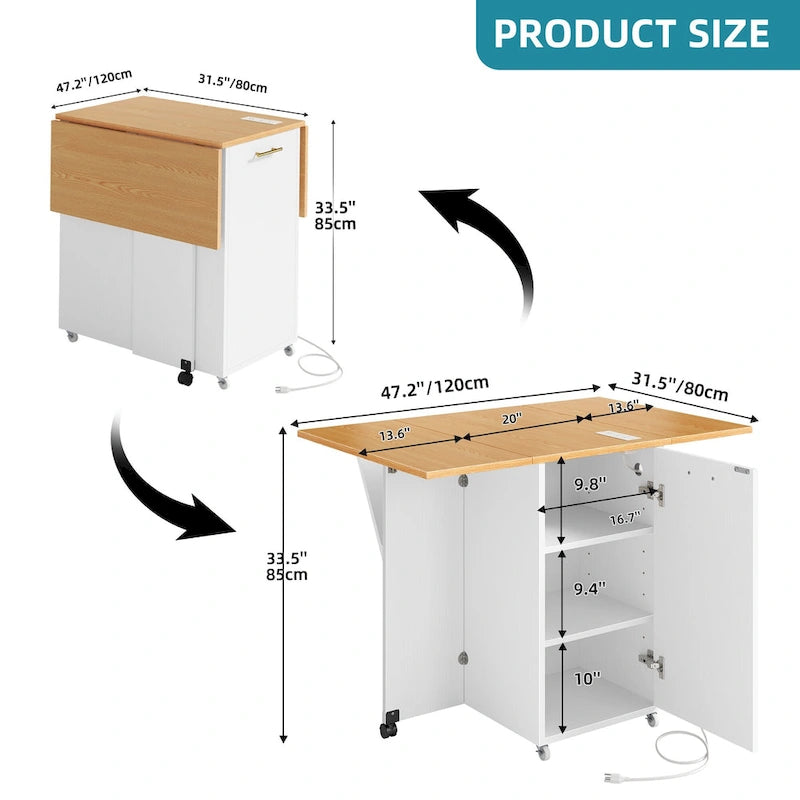 Ilot de cuisine pliable avec armoire de rangement pour poubelle