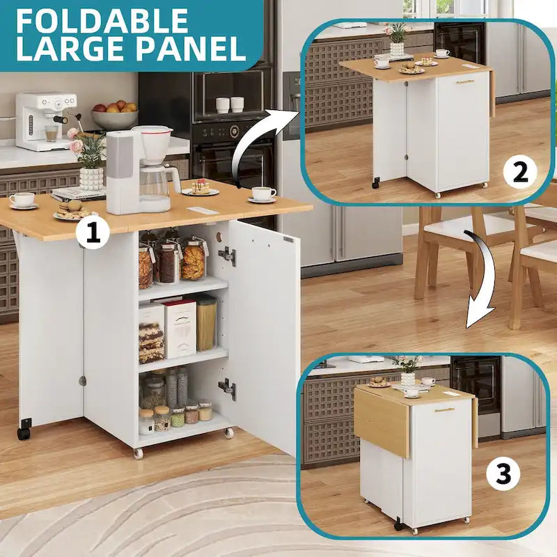 Ilot de cuisine pliable avec armoire de rangement pour poubelle