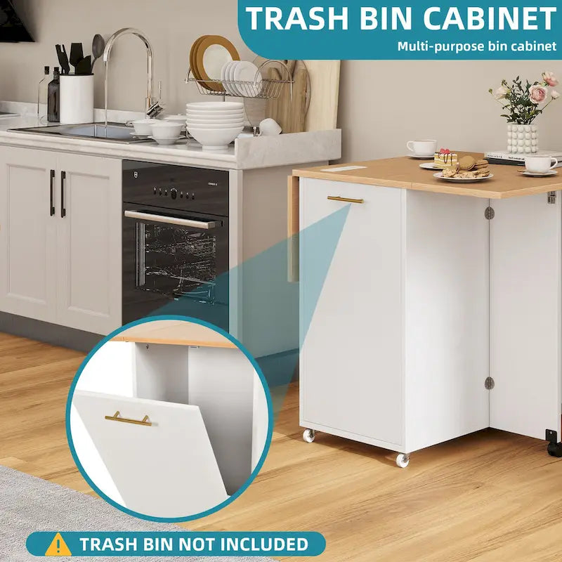 Ilot de cuisine pliable avec armoire de rangement pour poubelle