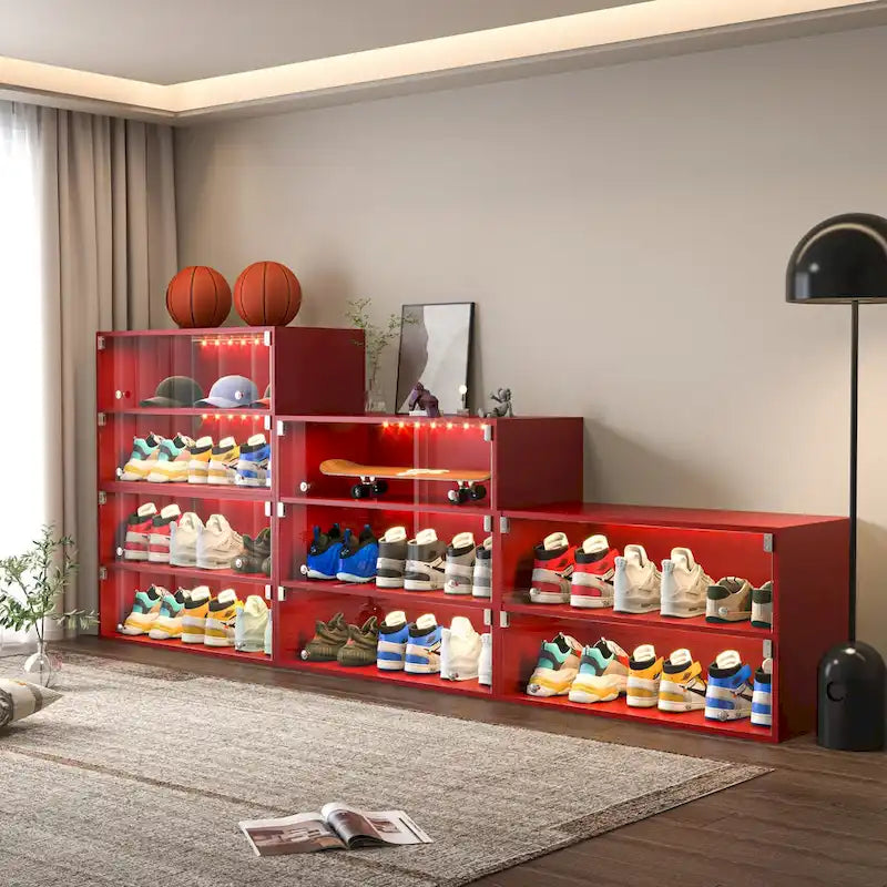 Boîte à chaussures à porte vitrée Meuble de rangement pour baskets avec lumière LED RVB