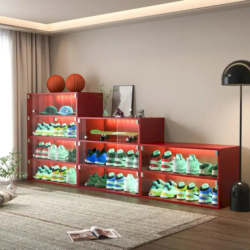 Boîte à chaussures à porte vitrée Meuble de rangement pour baskets avec lumière LED RVB