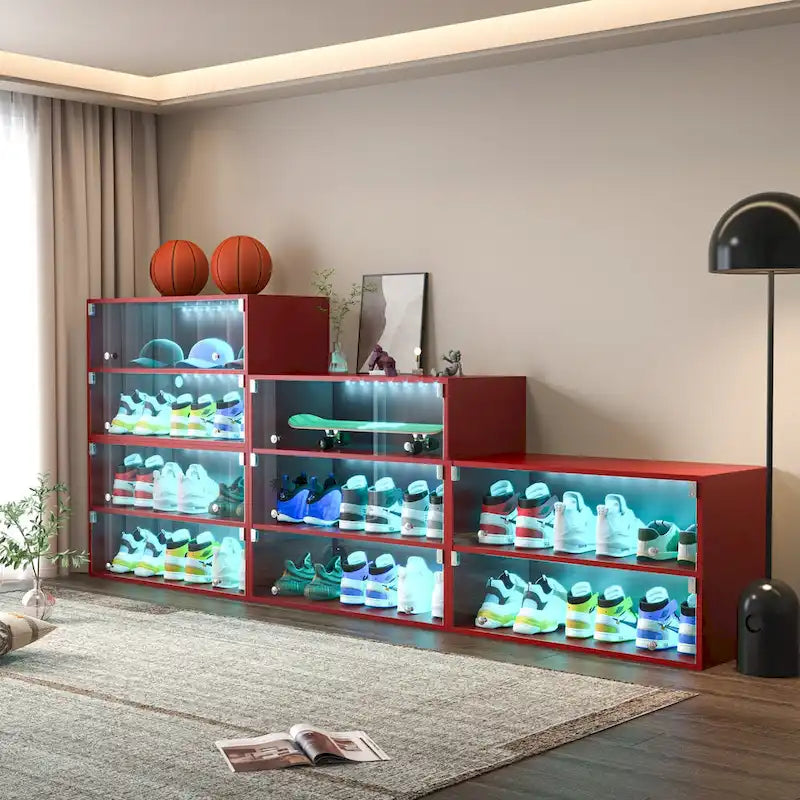 Boîte à chaussures à porte vitrée Meuble de rangement pour baskets avec lumière LED RVB