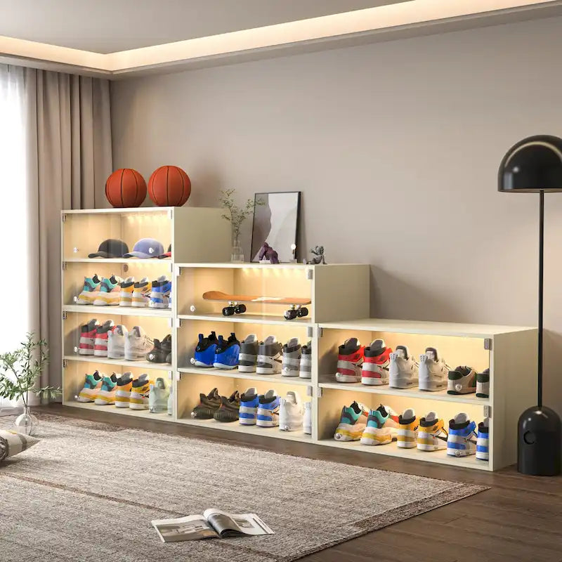 Boîte à chaussures à porte vitrée Meuble de rangement pour baskets avec lumière LED RVB