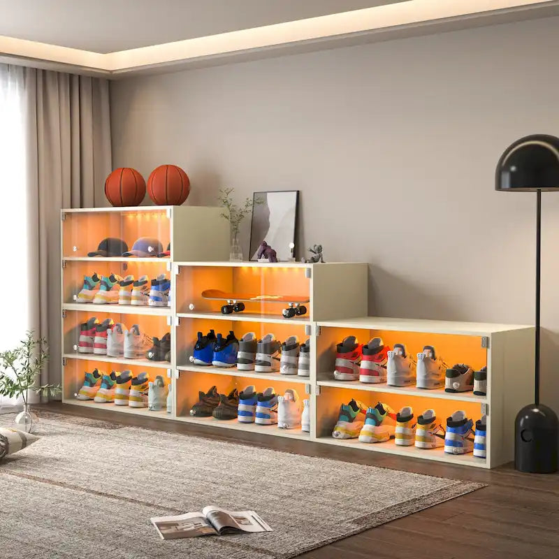 Boîte à chaussures à porte vitrée Meuble de rangement pour baskets avec lumière LED RVB