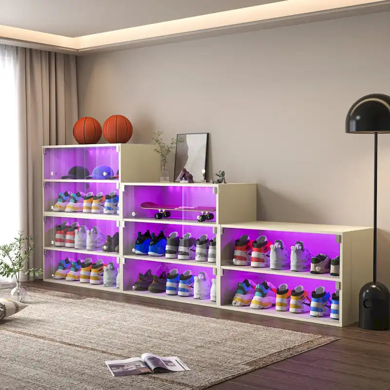 Boîte à chaussures à porte vitrée Meuble de rangement pour baskets avec lumière LED RVB