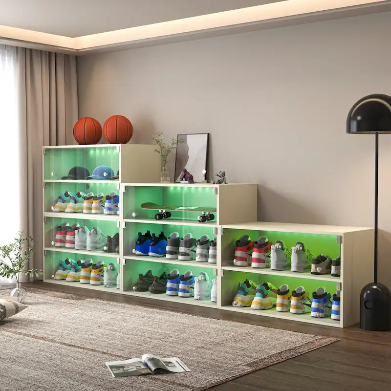 Boîte à chaussures à porte vitrée Meuble de rangement pour baskets avec lumière LED RVB